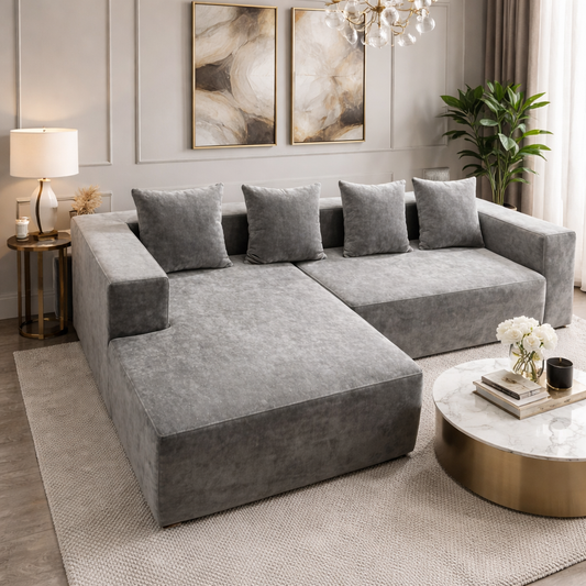 Canapea Colțar Gri Tip Chesterfield cu 4 Perne, 240x150x70 cm, A-151-4