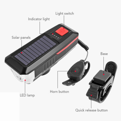 Far LED cu incarcare solara si claxon pentru bicicleta/trotineta — Confort și Siguranță la Drum