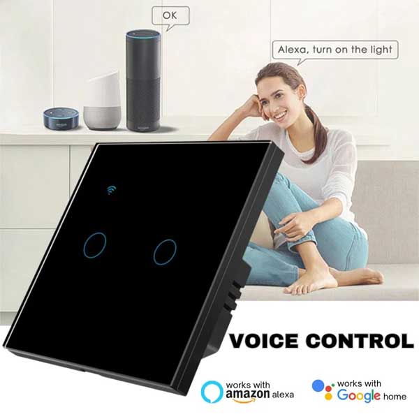 Întrerupător Smart Touch Dublu Negru, WiFi, Control Vocal, Tuya / Smart Life, CLS-SM020