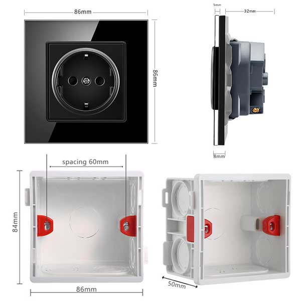 Priză Neagră cu Ramă din Sticlă Securizată, 16A, Design Modern, CLS-SM004