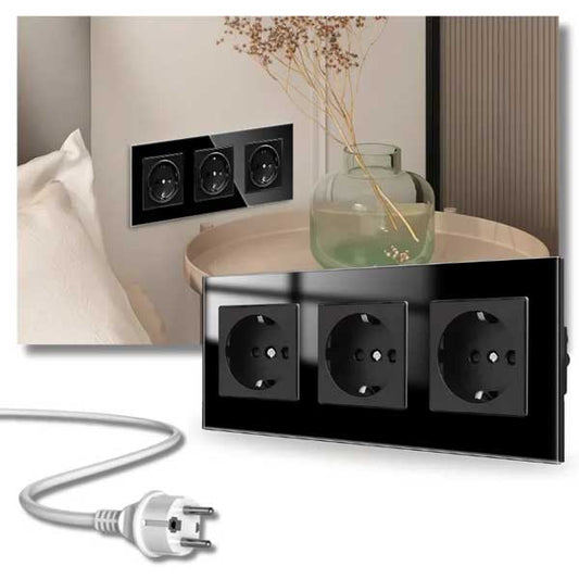 Priză Triplă Neagră cu Ramă din Sticlă Securizată, 16A, Design Modern, CLS-SM010