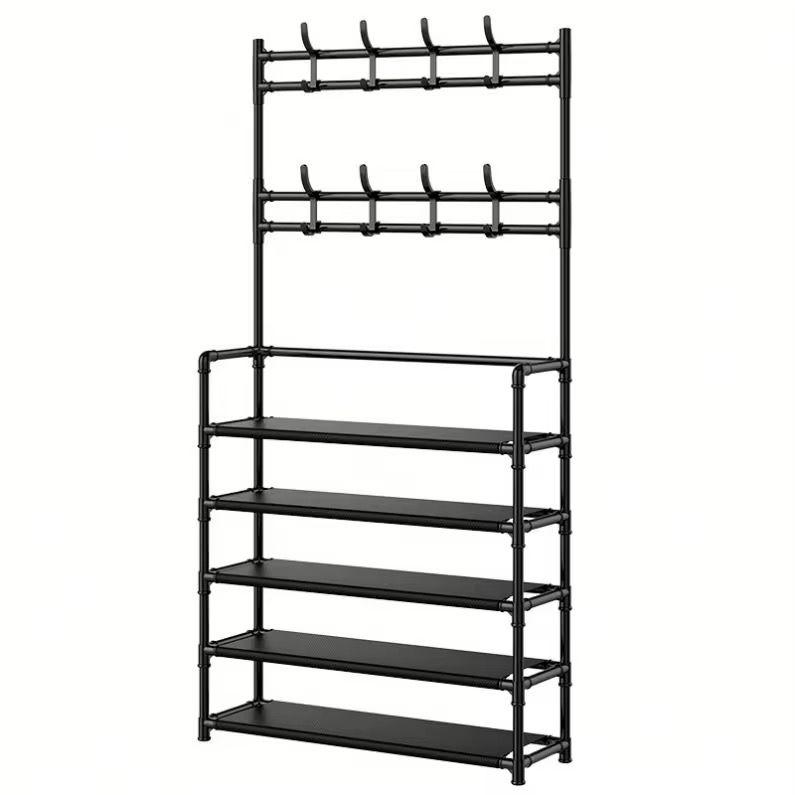 Cuier Haine cu Suport Pantofi 5 Rafturi si 8 Agatatori, 80x171x28 cm, Negru, A-152-3