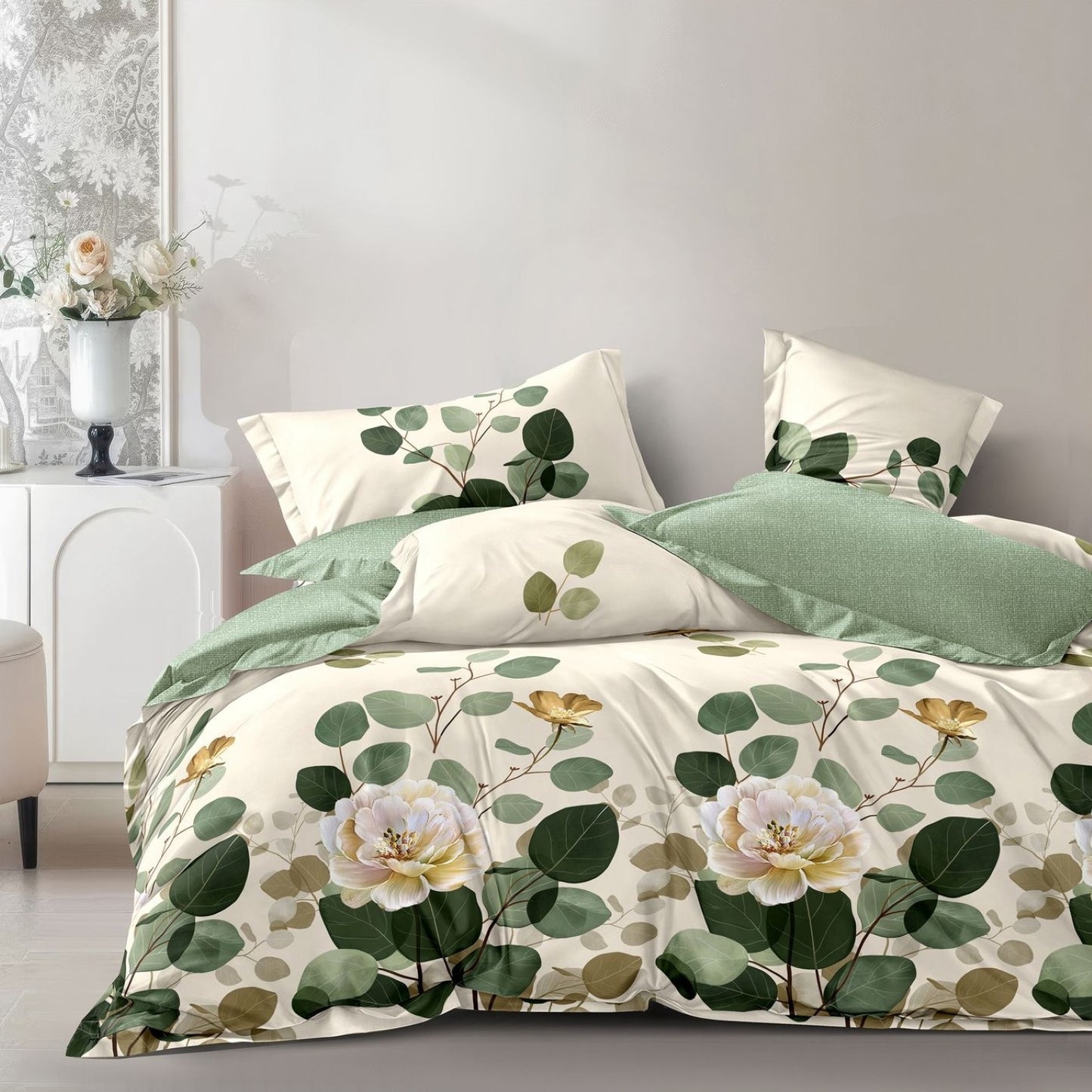 Lenjerie Pat Finet cu Elastic 6 Piese, Frunze Verzi Florale, 180x200 cm, TLO104