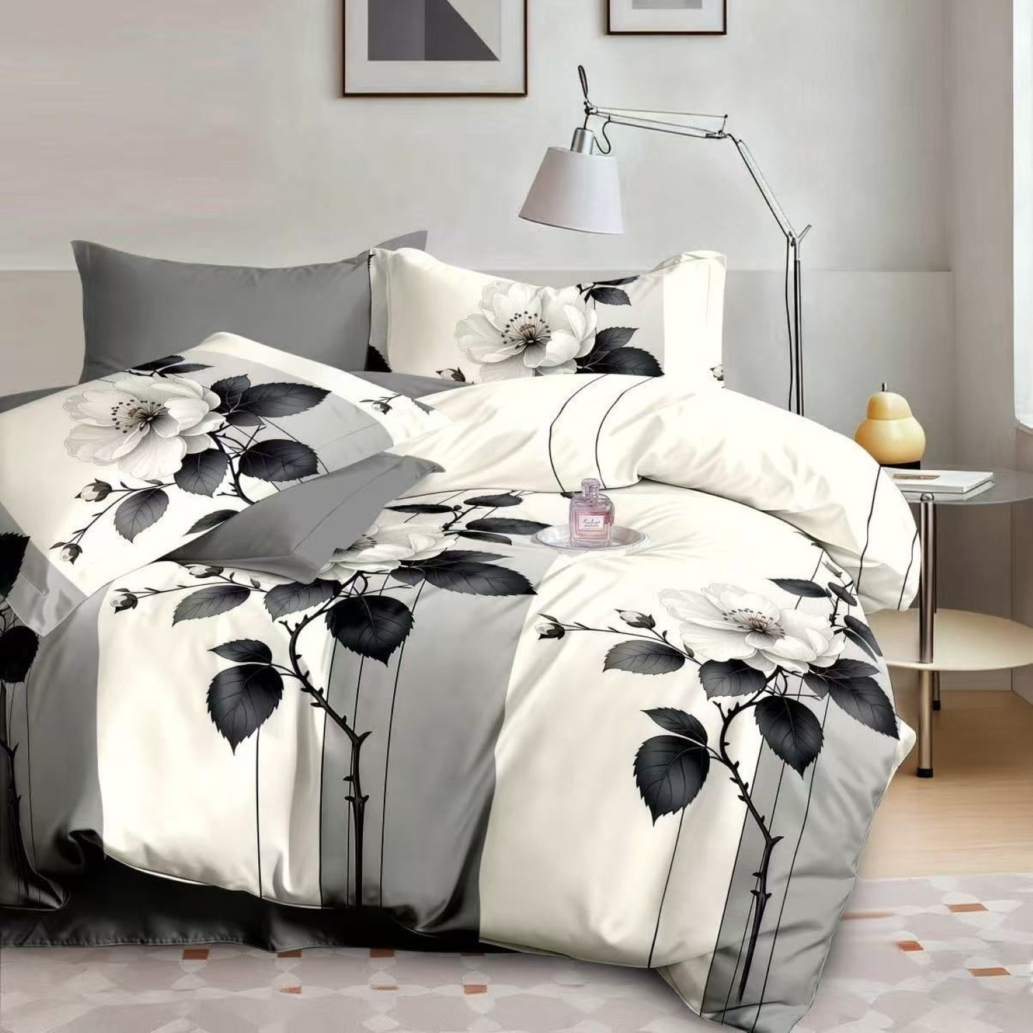 Lenjerie Pat Finet cu Elastic 6 Piese, Copac Siluetă Negru, 180x200 cm, TLO105