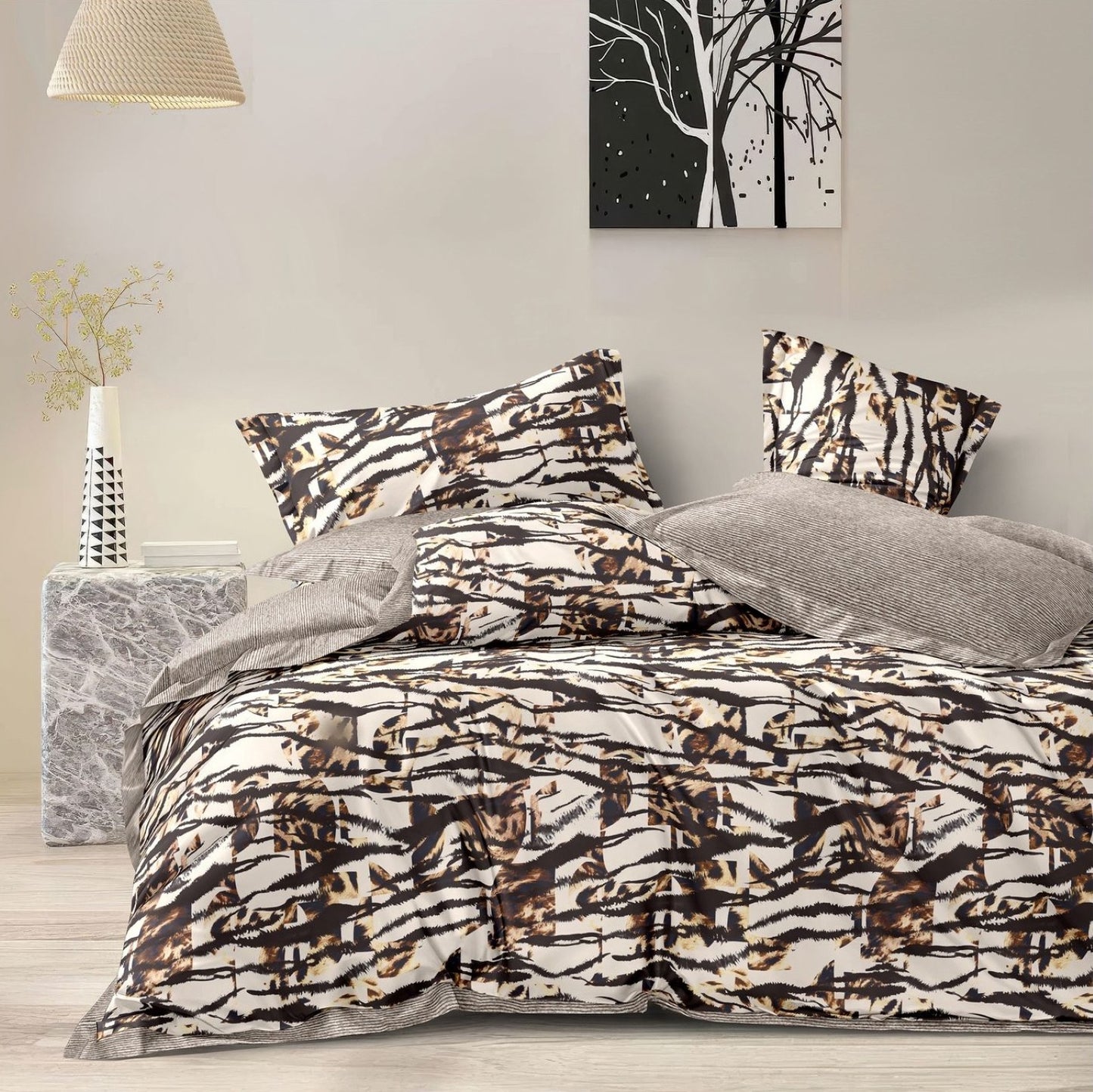 Lenjerie Pat Finet cu Elastic 6 Piese, Animal Print, Maro, 180x200 cm, TLO114