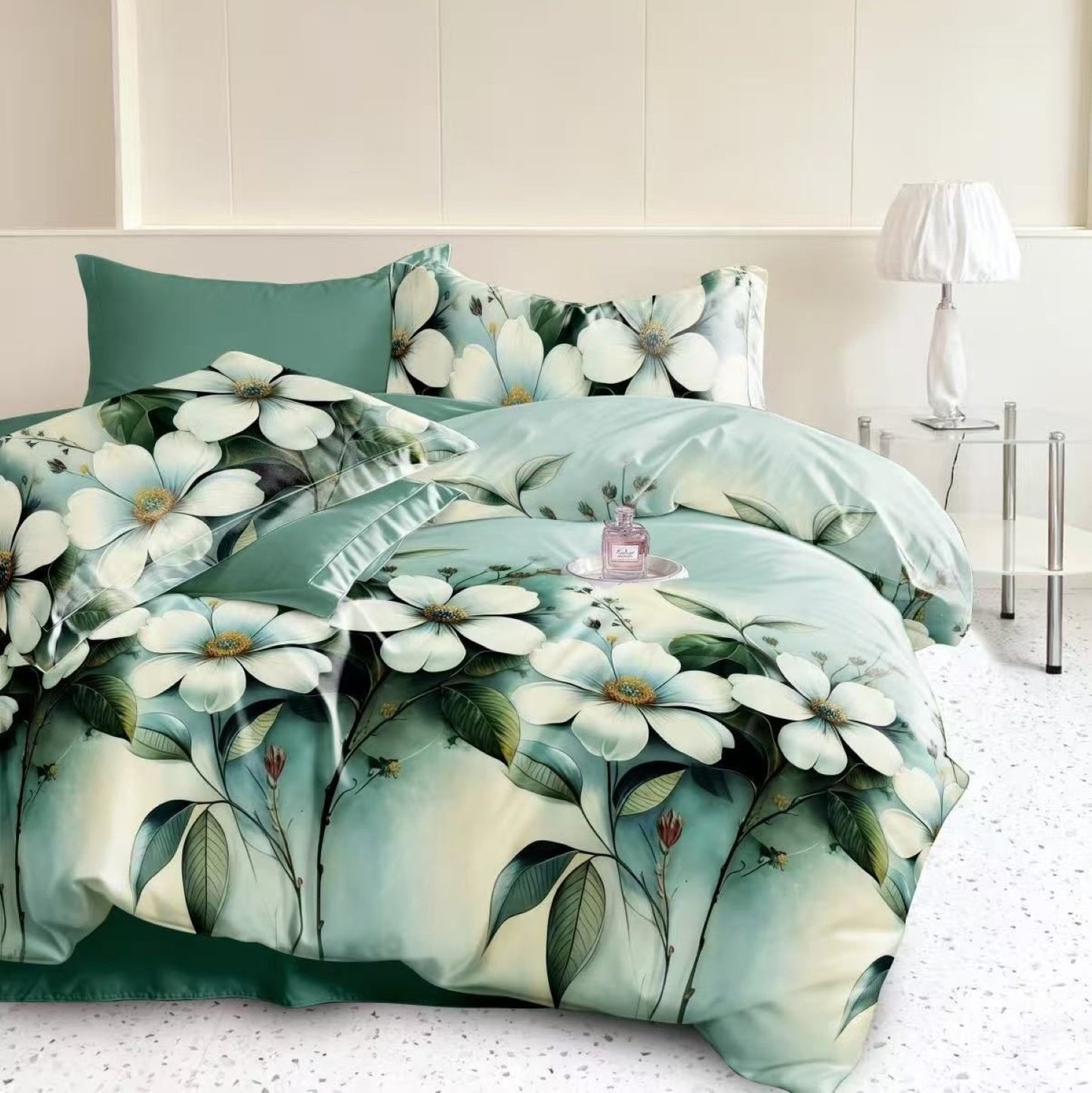 Lenjerie Pat Finet cu Elastic 6 Piese, Model Floral, Verde Menta, 180x200 cm, TLO126