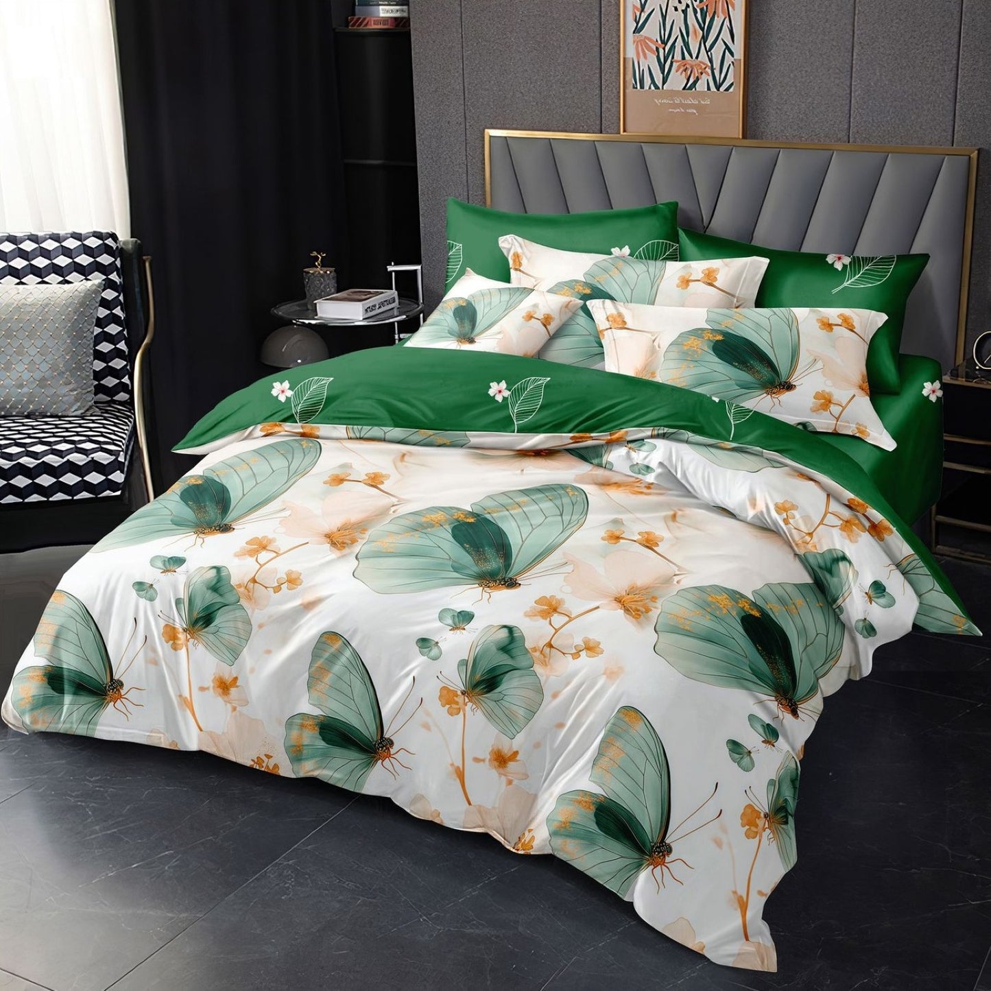 Lenjerie Pat Finet cu Elastic 6 Piese, Frunze Tropicale/Fluturi, Verde, 180x200 cm, TLO118
