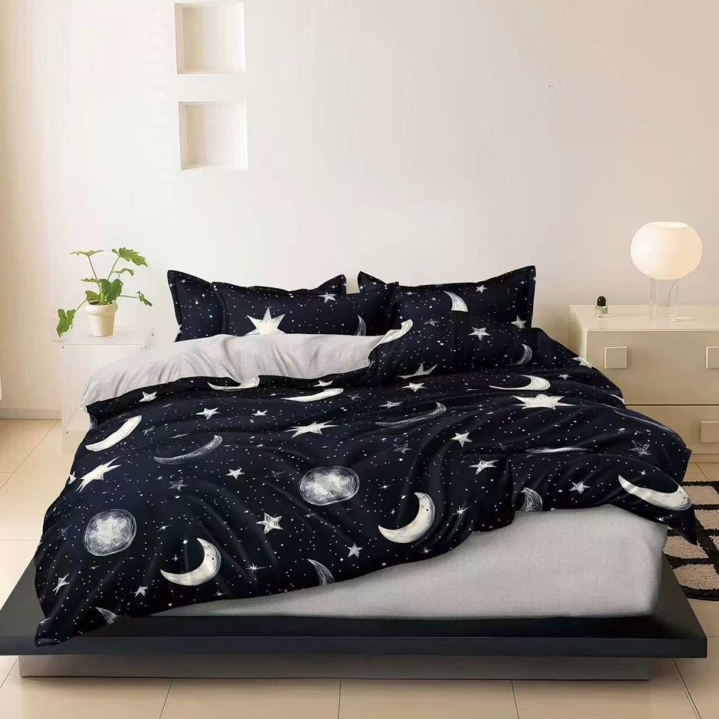 Lenjerie Pat Finet cu Elastic 6 Piese, Model Stele/Luna, Bleumarin/Gri, 180x200 cm, TLO121