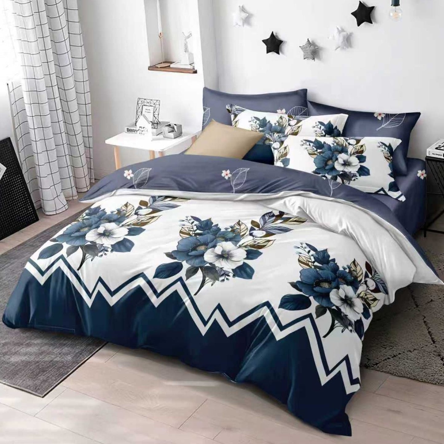 Lenjerie Pat Finet cu Elastic 6 Piese, Model Floral, Lila/Alb/Albastru, 180x200 cm, TLO122