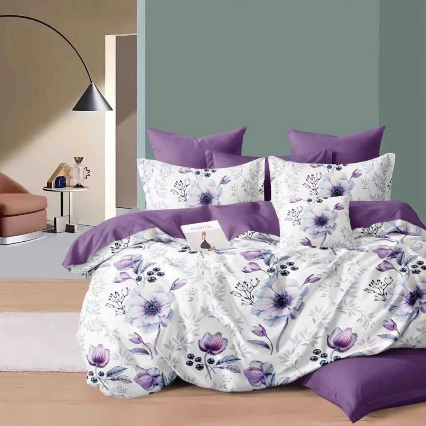 Lenjerie Pat Finet cu Elastic 6 Piese, Floral, Alb/Mov, 180x200 cm, TLO124