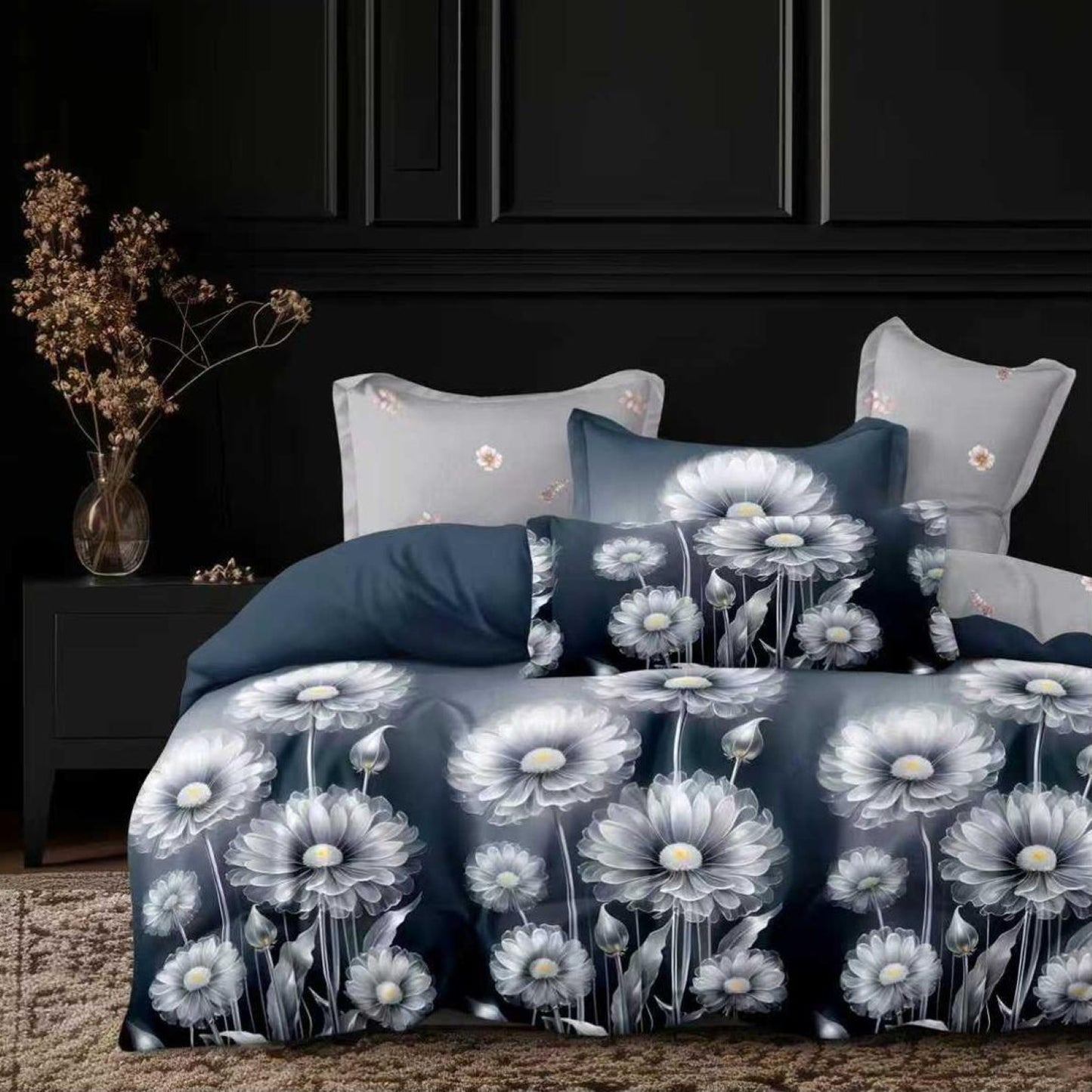 Lenjerie Pat Finet cu Elastic 6 Piese, Floral Alb/Albastru, 180x200 cm, TLO132