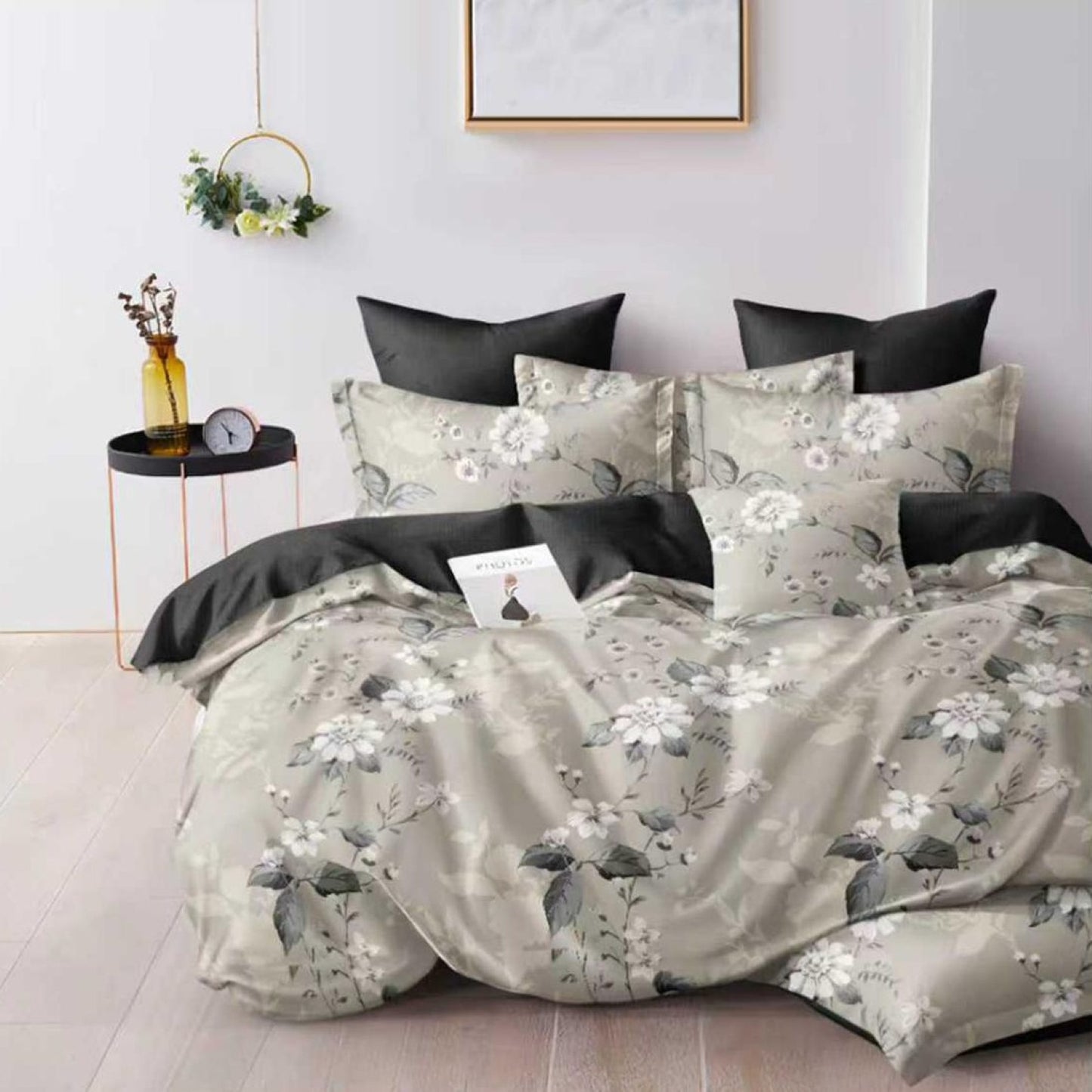 Lenjerie Pat Finet cu Elastic 6 Piese, Floral, Bej/Negru, 180x200 cm, TLO137