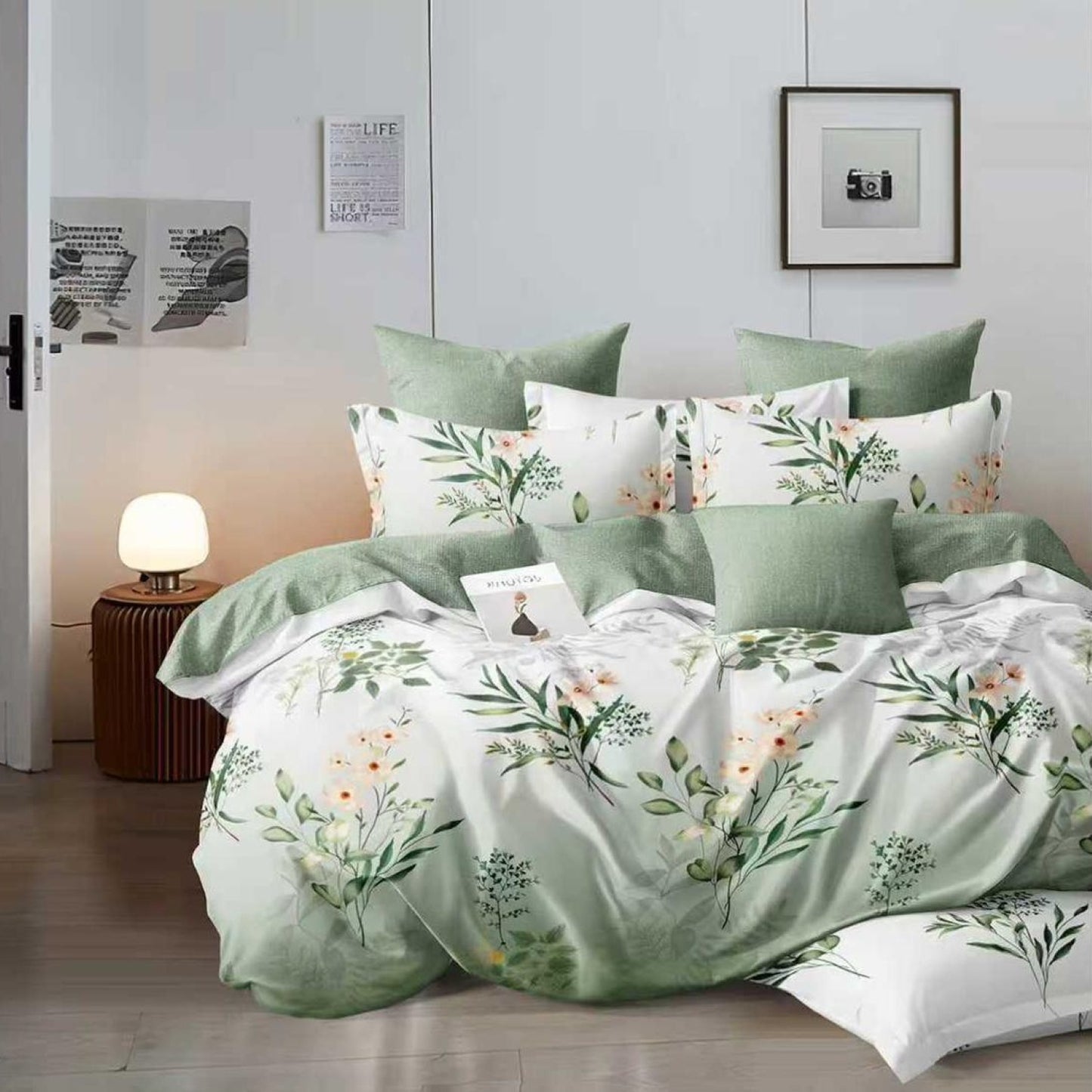 Lenjerie Pat Finet cu Elastic 6 Piese, Floral Verde Menta, 180x200 cm, TLO138