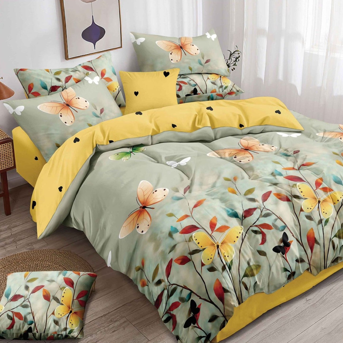 Lenjerie Pat Finet cu Elastic 6 Piese, Fluturi&Inimioare, Galben/Verde, 180x200 cm, TLO139