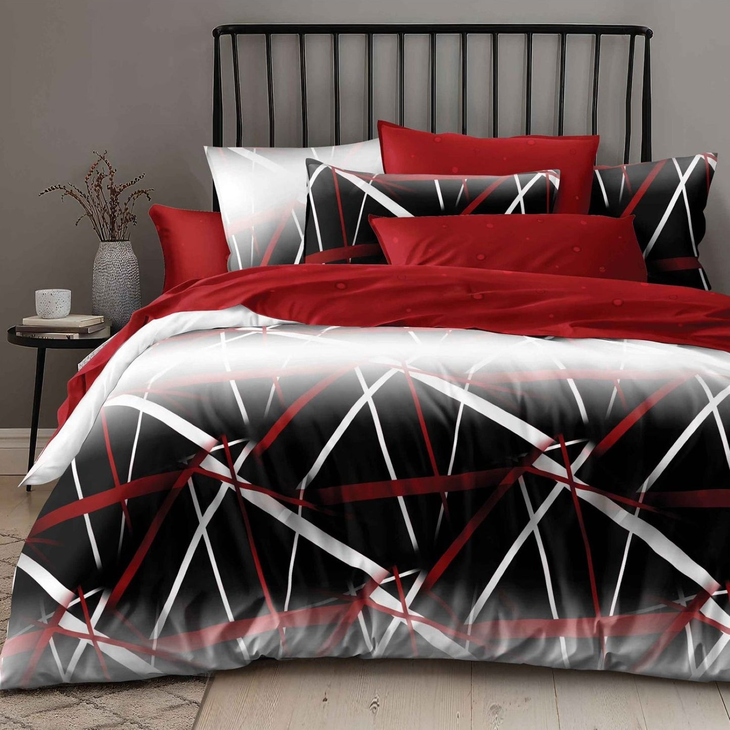 Lenjerie Pat Finet cu Elastic 6 Piese, Dungi, Rosu/Negru/Alb, 180x200 cm, TLO149