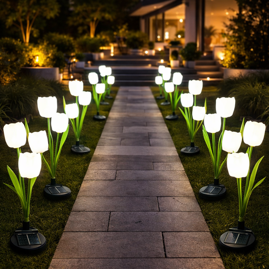 Set 2 Lămpi Solare de Grădină Tip Lalea cu Iluminare Albă, 30 cm, A-153-17