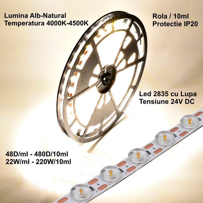 Bandă LED 2835 cu Lupă, 24V, Alb Neutru 4500K, 480 LED, 220W, IP20, Rolă 10 m, Q-18A166 – EsentaCasei