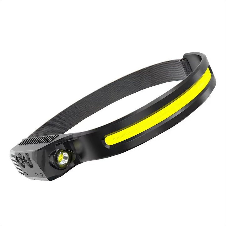 Lanternă Frontală LED COB cu Senzor Mișcare, 6 Moduri Iluminare, 350 Lumeni, Unghi Larg 230°, Reîncărcabilă USB, Bandă Elastică Reglabilă – CLS-IL078 | EsentaCasei