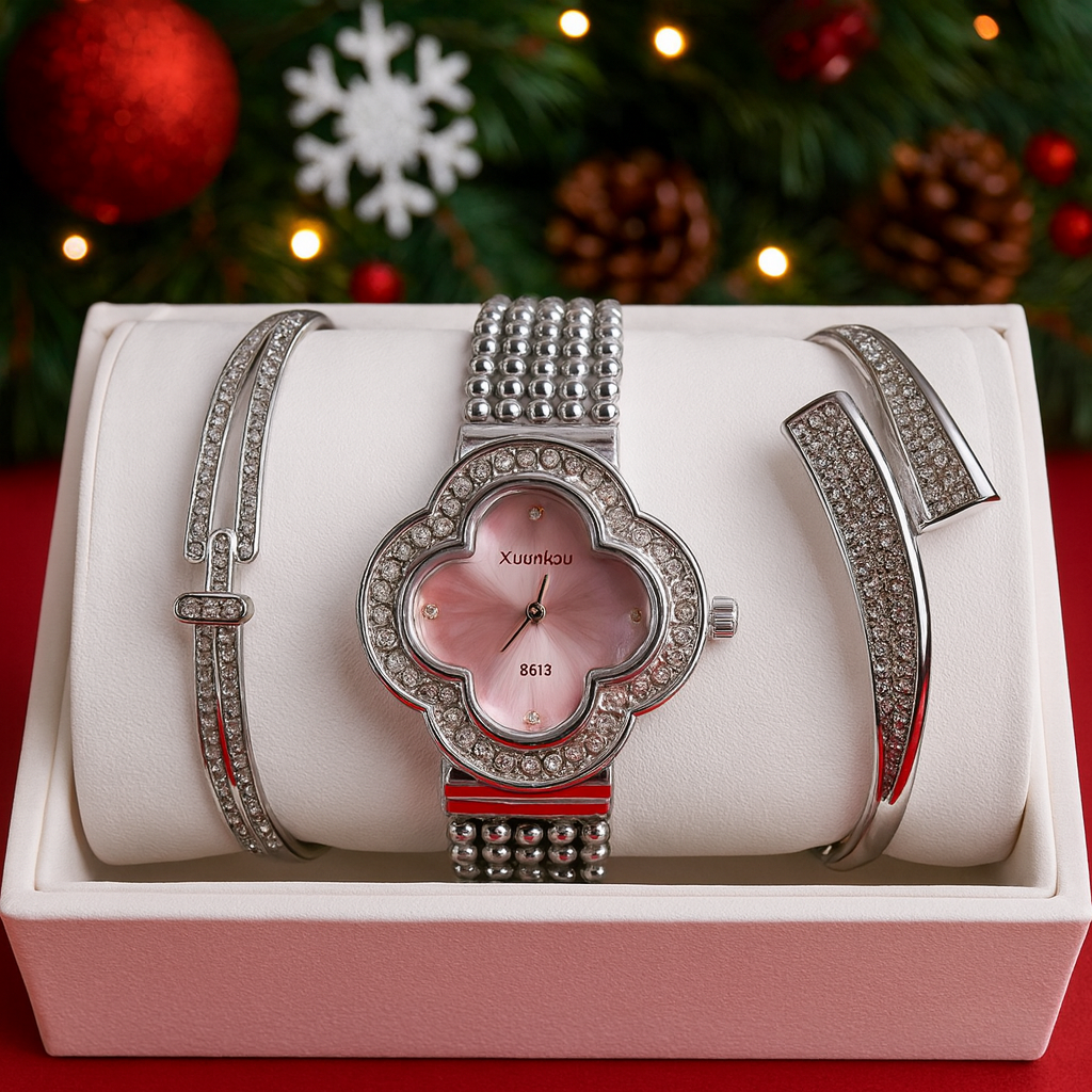 Set Ceas Elegant Dama cu Bratari Decorate cu Cristale — Utilitate Smart Zi de Zi