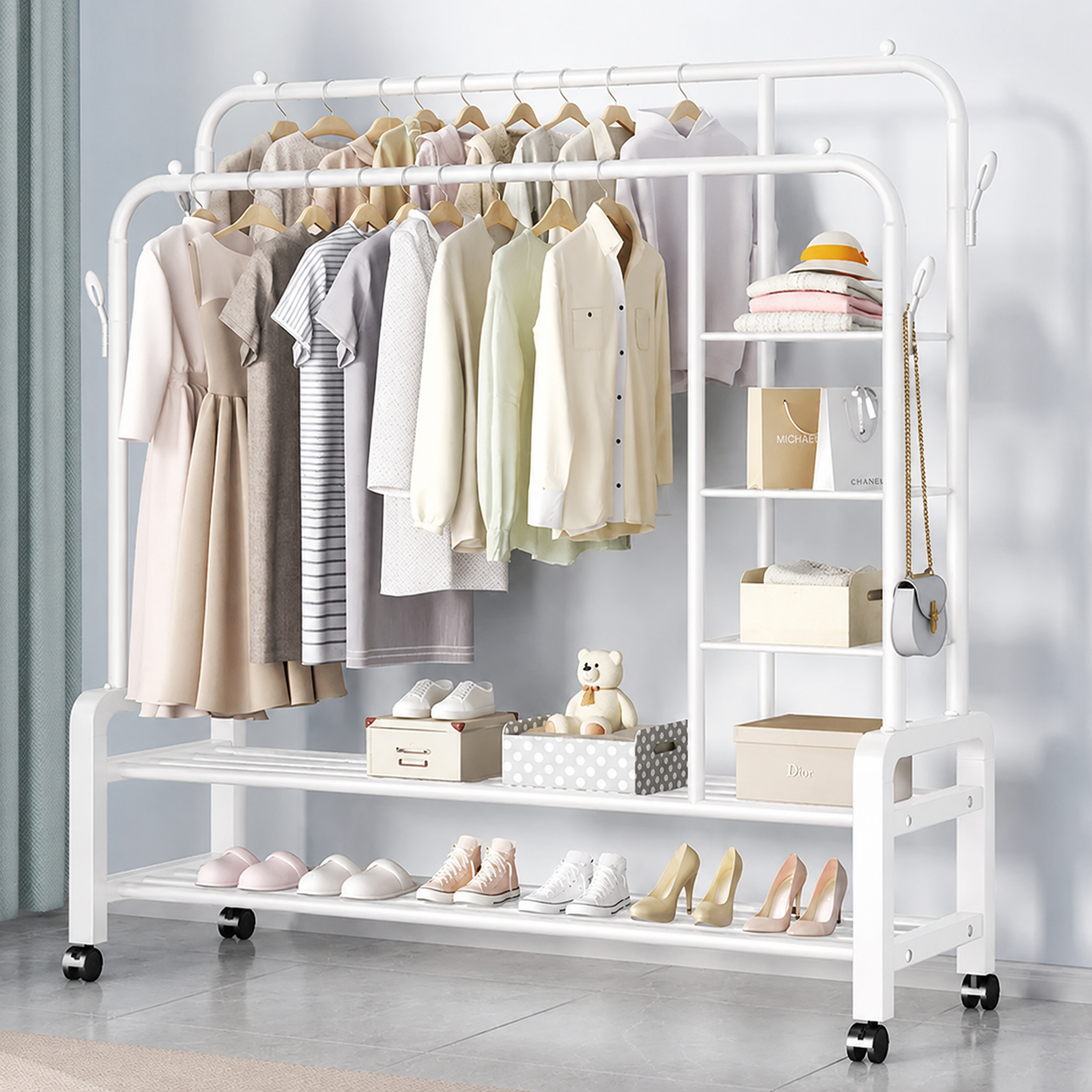 Cuier Dublu Premium cu Rafturi și Roți, Organizator Haine și Încălțăminte 120x49x160 cm - imaginea 3