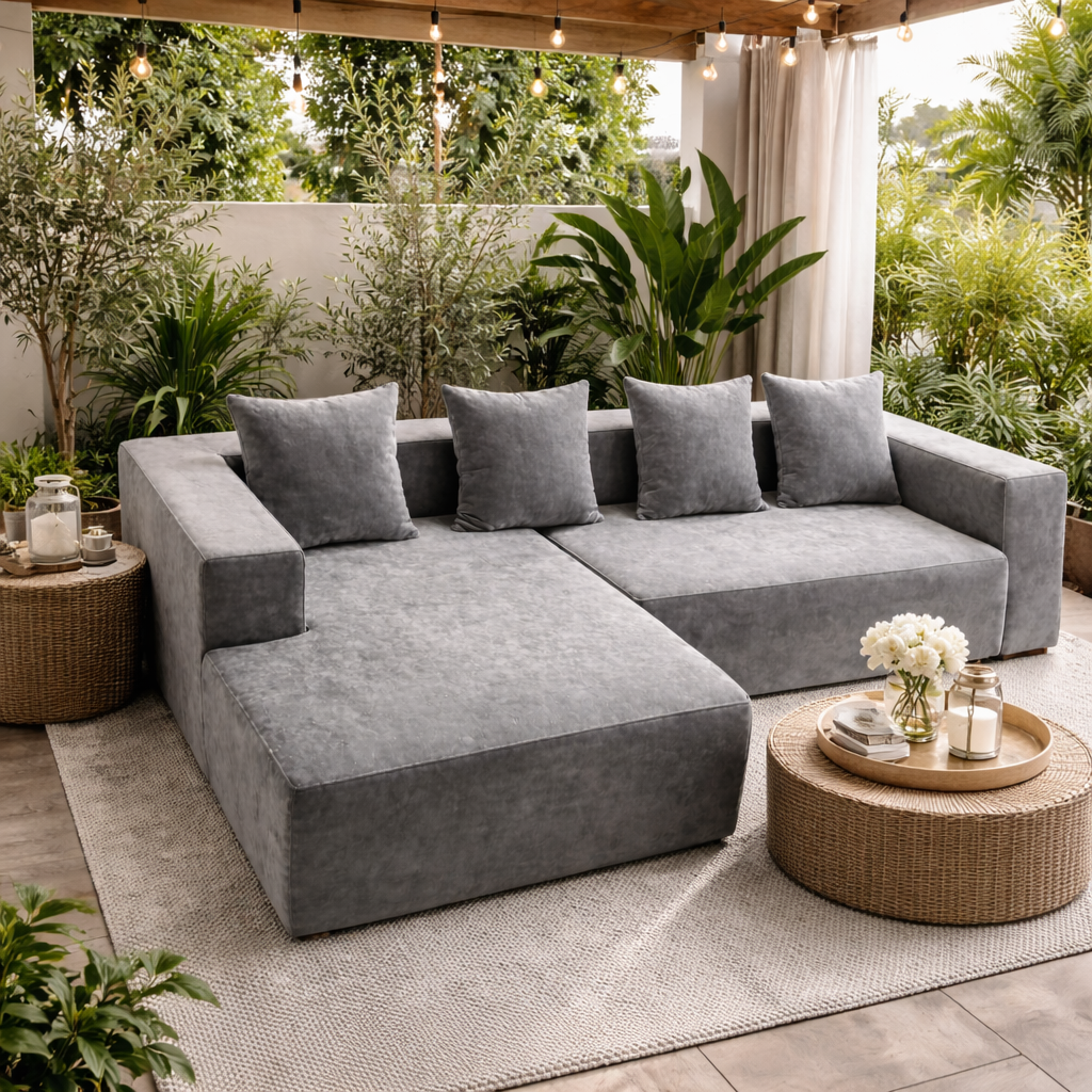 Canapea Colțar Gri Tip Chesterfield cu 4 Perne, 240x150x70 cm, A-151-4