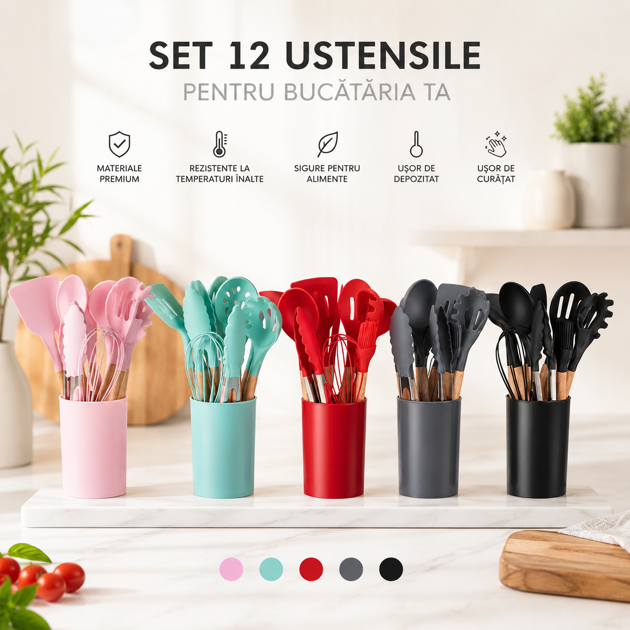 Set Ustensile Bucătărie din Silicon cu Suport, 12 Piese, A-181-2