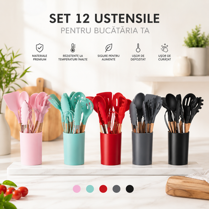 Set Ustensile Bucătărie din Silicon cu Suport, 12 Piese, A-181-2