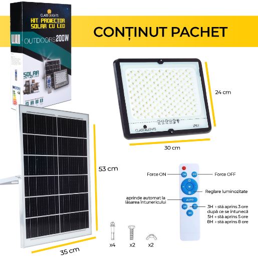 Proiector Solar LED 200W cu Panou Monocristalin, Telecomandă și Protecție IP67, EAZ-IL022