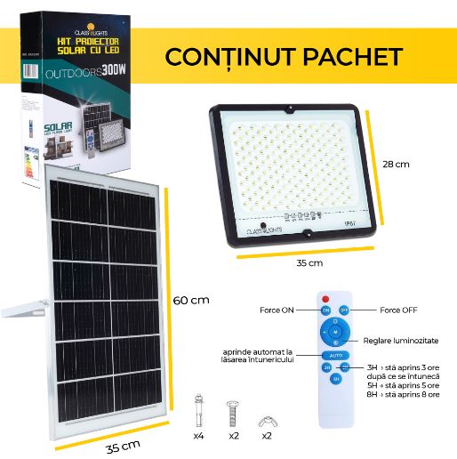 Proiector Solar LED 300W cu Panou Monocristalin, Telecomandă și Protecție IP67, EAZ-IL023
