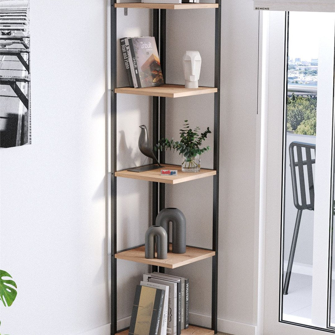 Biblioteca de colt Selanik cu 5 nivele etajera colt 60 — Confort Practic Pentru Casa Ta