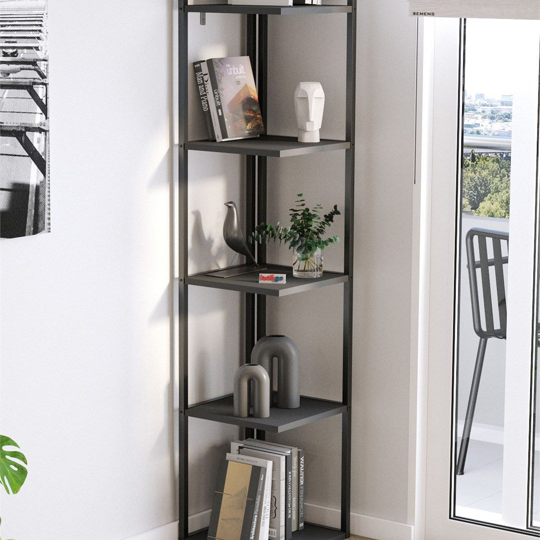 Biblioteca de colt Selanik cu 5 nivele etajera colt 60 — Confort Practic Pentru Casa Ta