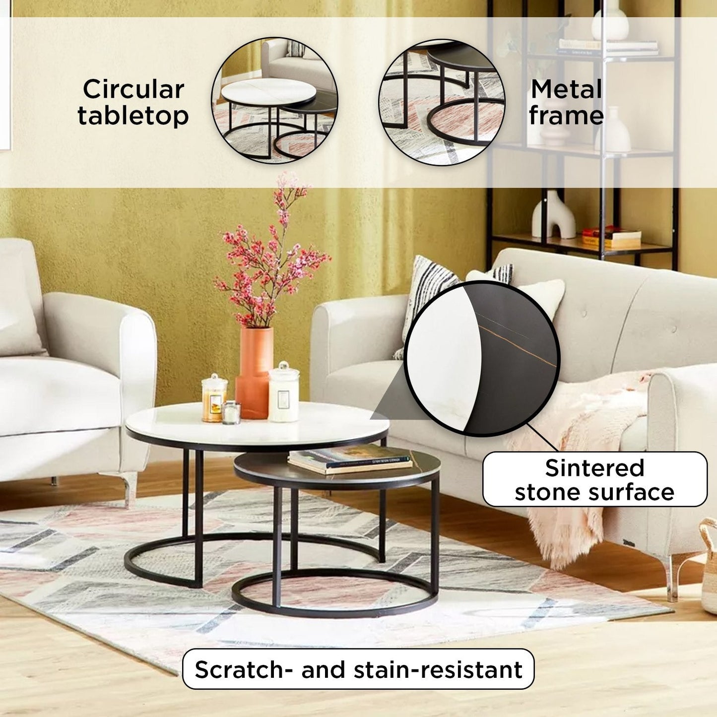 Set 2 măsuțe de cafea rotunde din piatră sinterizată — Confort Practic Pentru Casa Ta