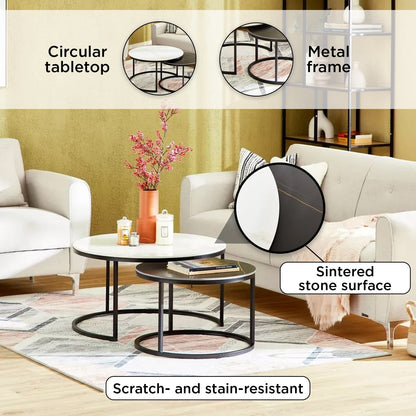 Set 2 măsuțe de cafea rotunde din piatră sinterizată — Confort Practic Pentru Casa Ta