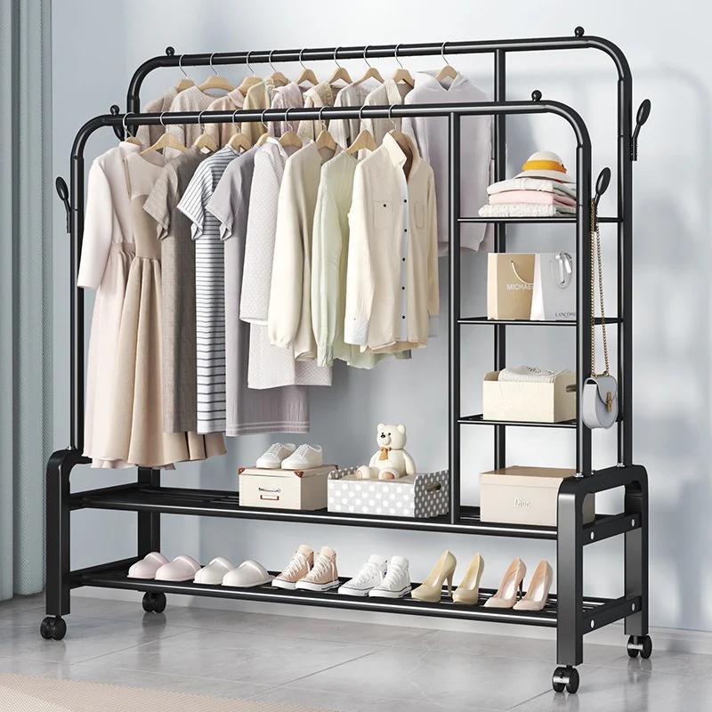 Cuier Dublu Premium cu Rafturi și Roți, Organizator Haine și Încălțăminte 120x49x160 cm, A-178-9