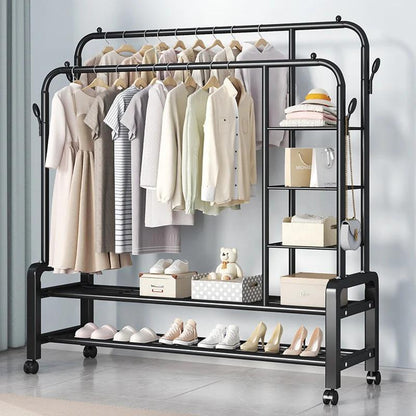 Cuier Dublu Premium cu Rafturi și Roți, Organizator Haine și Încălțăminte 120x49x160 cm, A-178-9