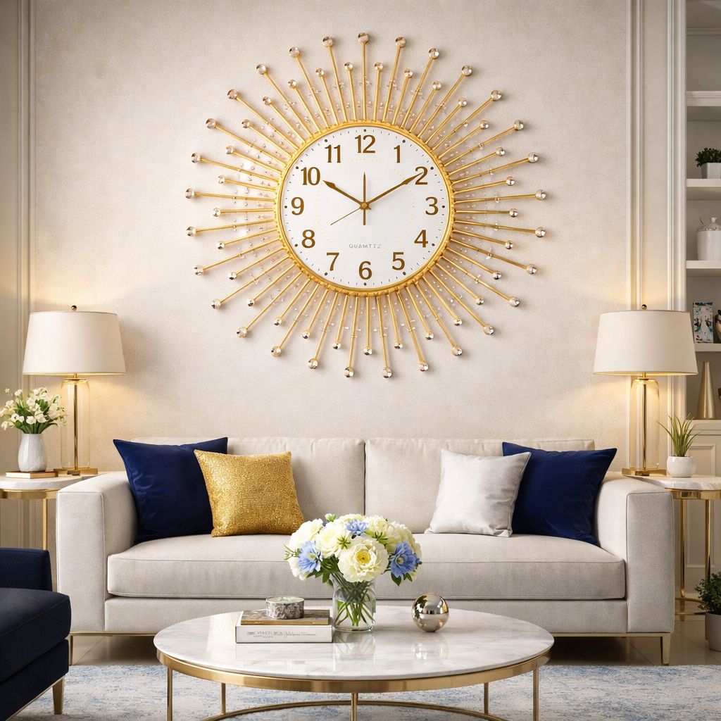 Ceas de perete decorativ auriu tip Sunburst cu cristale 50cm — Confort Practic Pentru Casa Ta