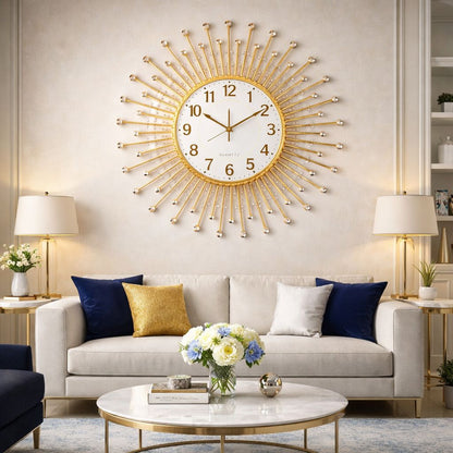 Ceas de perete decorativ auriu tip Sunburst cu cristale 50cm — Confort Practic Pentru Casa Ta