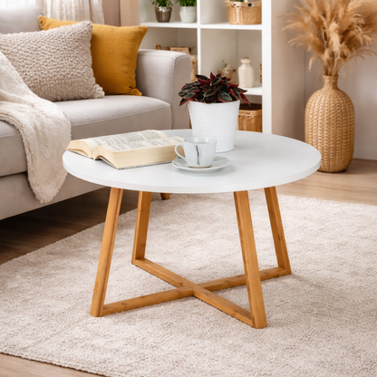 Masa de cafea rotunda 60 cm blat MDF picioare bambus — Confort Practic Pentru Casa Ta