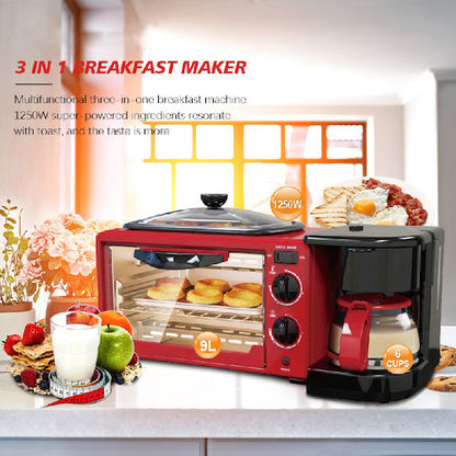 Aparat Mic Dejun 3-in-1: Cuptor 9L, Cafetieră și Plită, Roșu, M-131