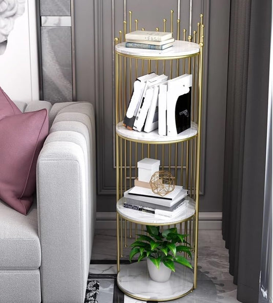 Etajeră Decorativă Rotundă cu 4 Polițe, Auriu și Alb Marmorat, 115 cm, A-181-7