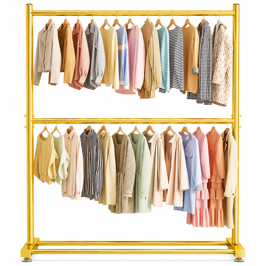 Cuier Dublu Premium Auriu pentru Haine, Suport Metalic 2 Niveluri 100x40x185 cm, A-178-10