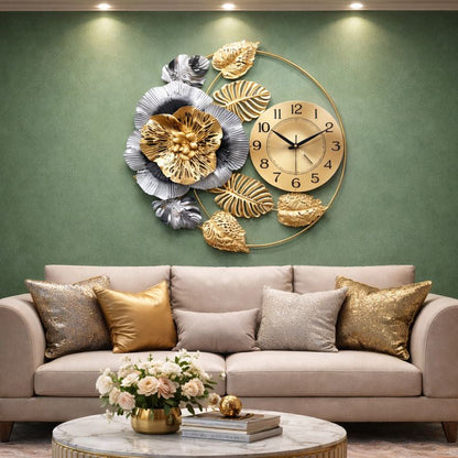 Ceas de perete decorativ floral auriu argintiu 60 cm — Confort Practic Pentru Casa Ta