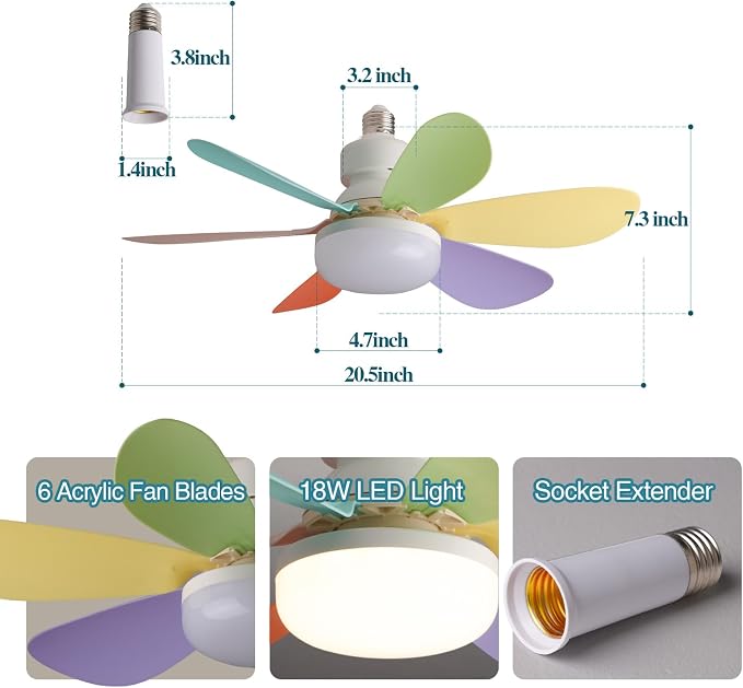 Ventilator de Tavan cu Lumină LED, Telecomandă, Dulie E27, 6 Pale Colorate, 40W, 3 Trepte Viteză, A-168-3