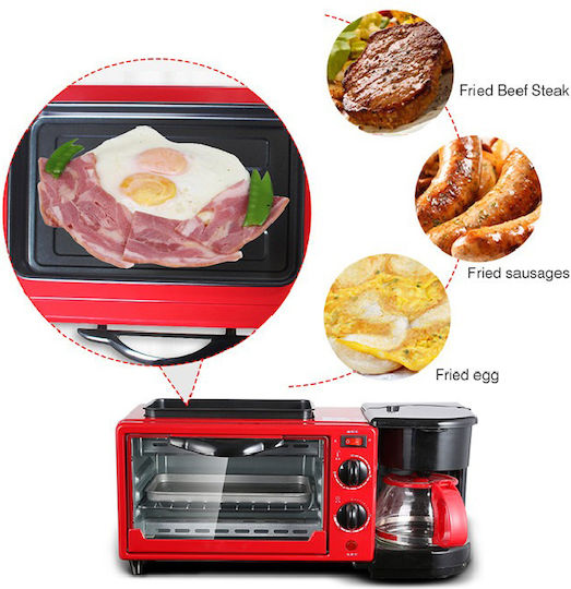 Aparat Mic Dejun 3-in-1: Cuptor 9L, Cafetieră și Plită, Roșu, M-131