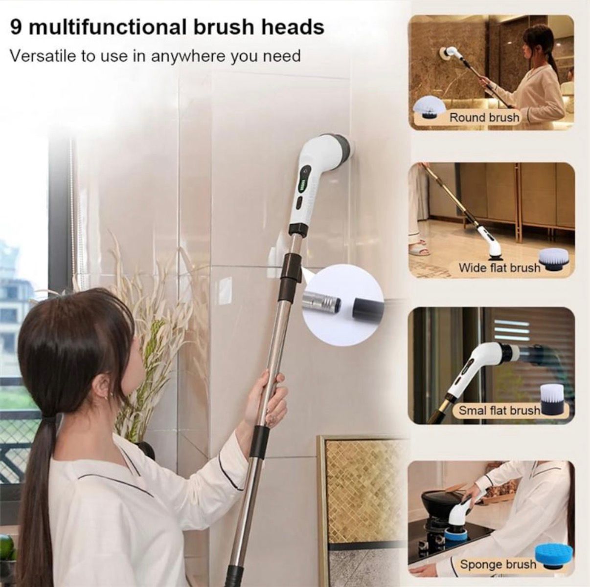Perie Electrică Rotativă 9 în 1 fără Fir, IPX7, LED și Mâner Telescopic, A-178-3