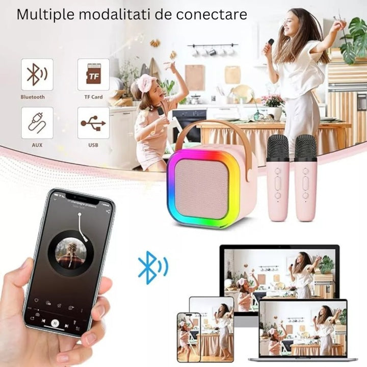 Set Boxa Bluetooth Karaoke cu 2 Microfoane Wireless, A-163-16
