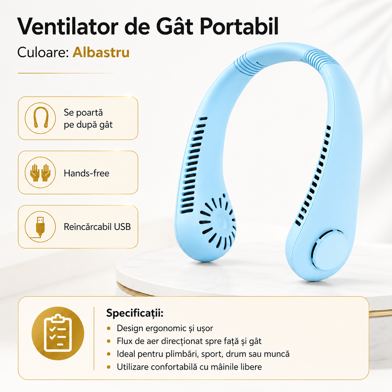 Ventilator de Gat Portabil Hands-Free, Reincarcabil USB, Racorire pe Drum, A-168-4