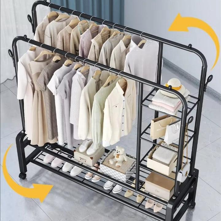 Cuier Dublu Premium cu Rafturi și Roți, Organizator Haine și Încălțăminte 120x49x160 cm, A-178-9