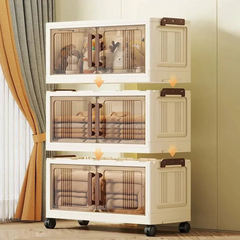 Dulap depozitare pliabil cu usi si roti crem 45 cm — Confort Practic Pentru Casa Ta