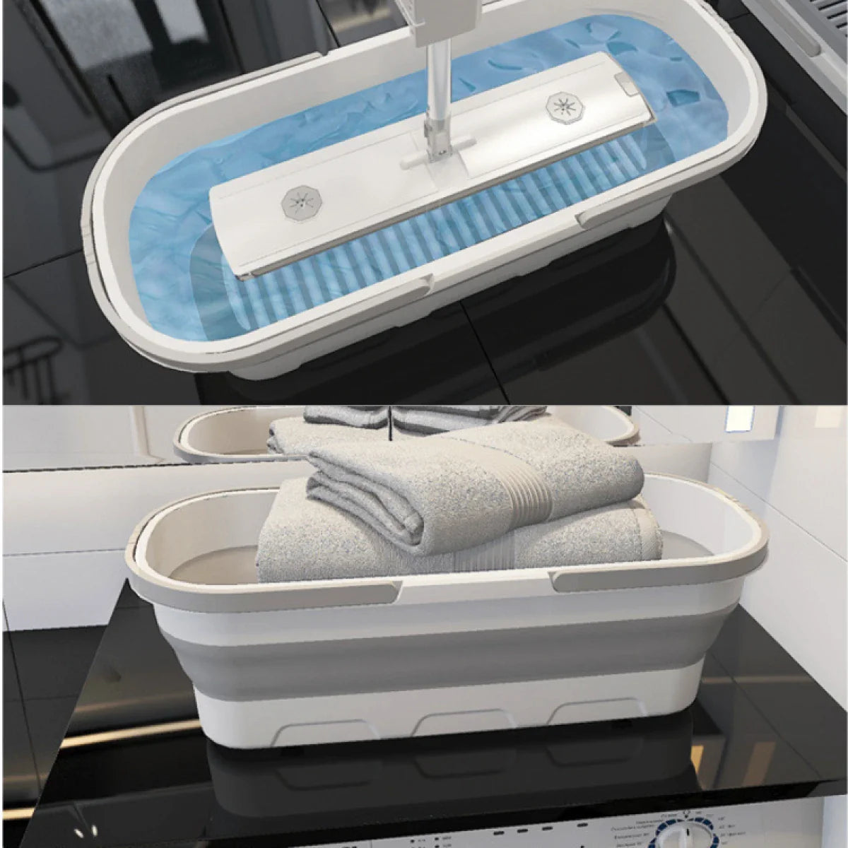Set mop rotativ cu 2 lavete microfibra si lighean pliabil — Confort Practic Pentru Casa Ta